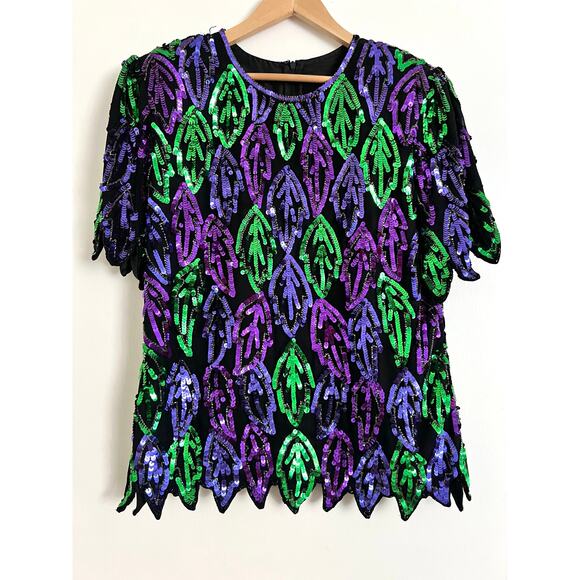 Vintage Monika Sparkly Sequin Silk Blouse Top Shirt Mardi Gras Green Purple XL - Picture 1 of 3